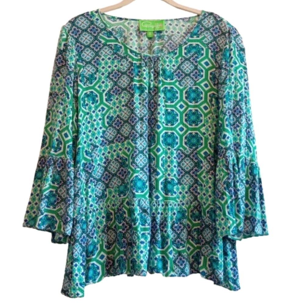 Cappagallo Women’s Blouse M Blue‎ Green Geometric Print Bell Sleeve Viscose Boho